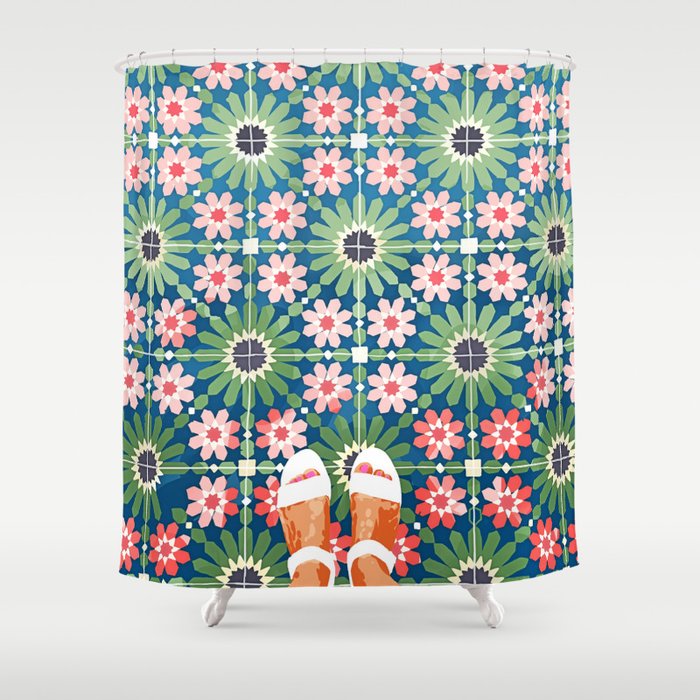 For The Love of Tiles | Moroccan Modern Bohemian Décor | Exotic Travel Watercolor Painting Shower Curtain