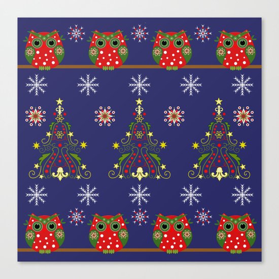 Pattern design with Christmas owls, trees and snowflakes Canvas Print