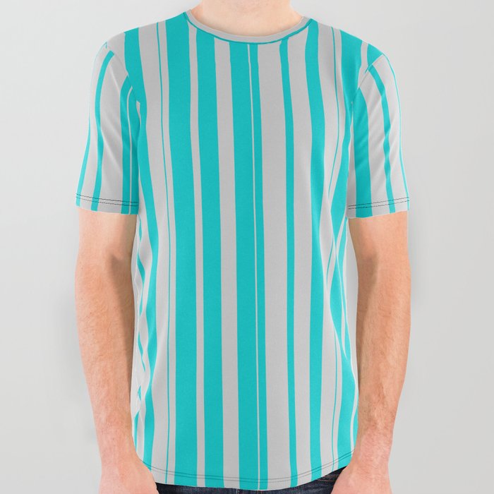 Light Gray & Dark Turquoise Colored Stripes/Lines Pattern All Over Graphic Tee