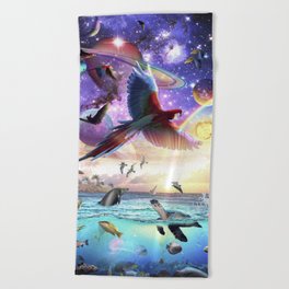 Dolphin And Parrot Ocean Animal Space Scene Beach Towel