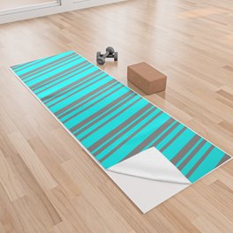 [ Thumbnail: Grey and Aqua Colored Lined/Striped Pattern Yoga Towel ]