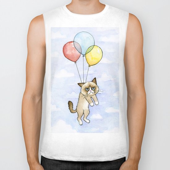 Cat With Balloons Grumpy Birthday Meme Biker Tank