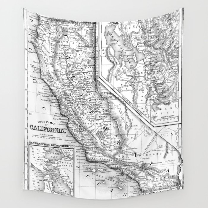 Vintage Map of California (1860) BW Wall Tapestry by BravuraMedia  Society6