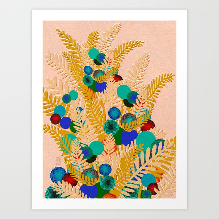 Berry Branches Yellow Pink Art Print
