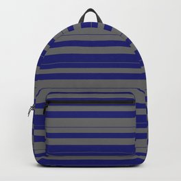 [ Thumbnail: Midnight Blue and Dim Grey Colored Striped Pattern Backpack ]