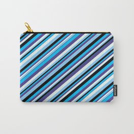 [ Thumbnail: Deep Sky Blue, Dark Slate Blue, Mint Cream, Light Sky Blue, and Black Colored Lines Pattern Carry-All Pouch ]
