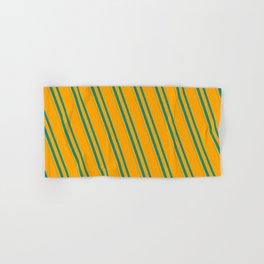 [ Thumbnail: Orange and Dark Cyan Colored Striped/Lined Pattern Hand & Bath Towel ]