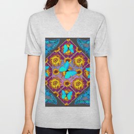 WESTERN STYLE TURQUOISE BUTTERFLIES FLORAL ART V Neck T Shirt
