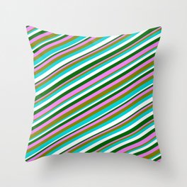 [ Thumbnail: Colorful Violet, Green, Dark Turquoise, White & Dark Green Colored Lines/Stripes Pattern Throw Pillow ]