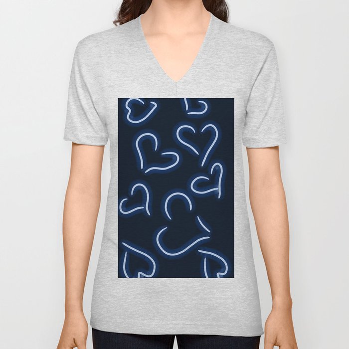 Neon Hearts Blue V Neck T Shirt