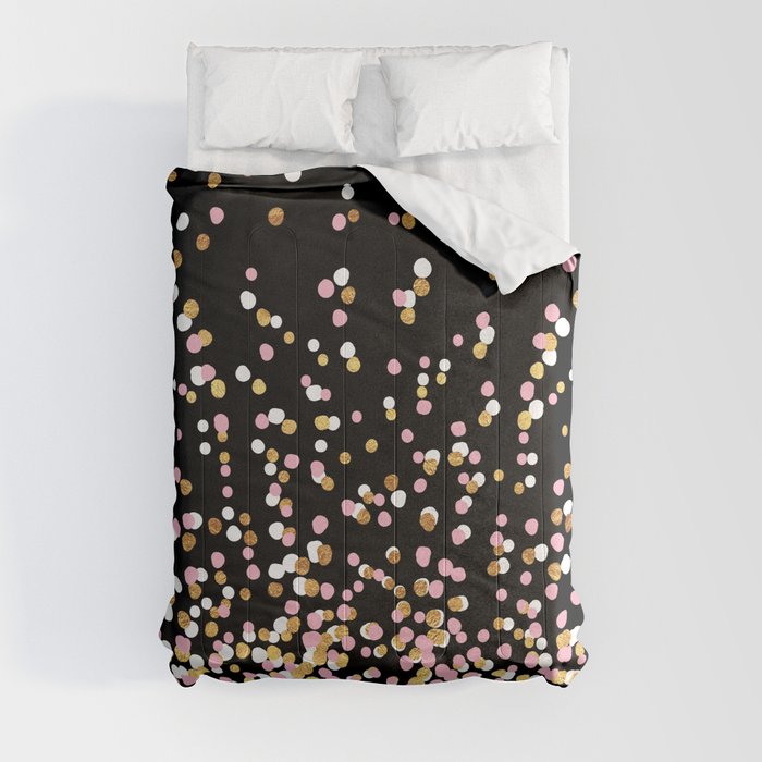 Floating Dots - White, Gold and Pink on Black Comforter