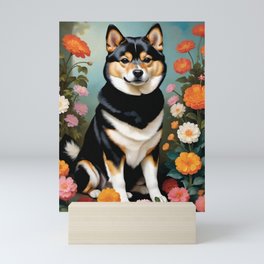 Tan and Black Shiba Inu with Spring Flowers Pet Portrait Mini Art Print