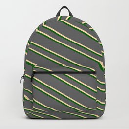 [ Thumbnail: Dim Grey, Beige & Dark Green Colored Striped/Lined Pattern Backpack ]