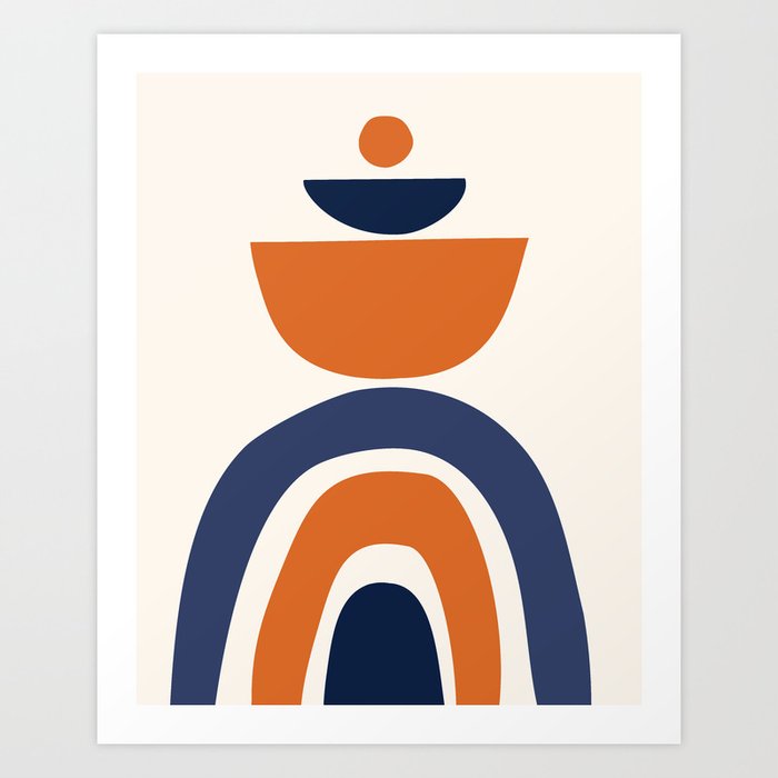 Abstract Shapes 14 in Orange and Navy Blue (Rainbow and Moon Phases Abstraction) Art Print