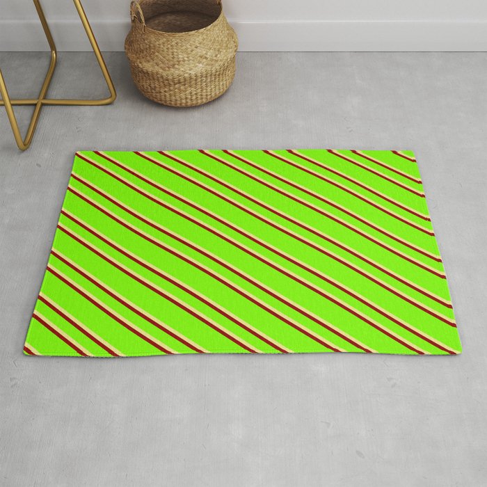 Green, Tan & Dark Red Colored Striped Pattern Rug
