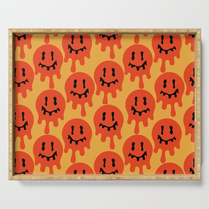 Melted Smiley Faces Trippy Seamless Pattern - Red Serving Tray