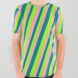 [ Thumbnail: Dark Cyan, Light Green, and Light Pink Colored Lined Pattern All Over Graphic Tee ]