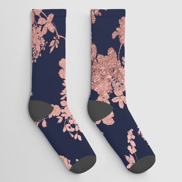 Modern elegant navy blue faux rose gold floral Socks