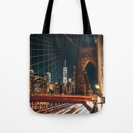 Brooklyn Bridge and Manhattan skyline in New York City at night Tote Bag