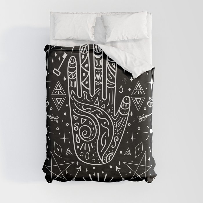 Black background occult pattern with mystical chalk signs Duvet Cover