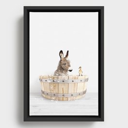 Baby Donkey in a Wooden Bathtub, Donkey Taking a Bath, Bathtub Animal Art Print By Synplus Framed Canvas