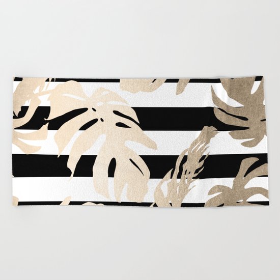 Simply Tropical Palm Leaves on Stripes Beach Towel