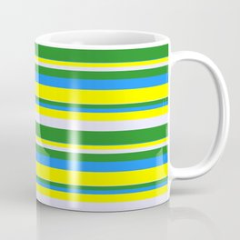 [ Thumbnail: Lavender, Forest Green, Blue & Yellow Colored Striped Pattern Coffee Mug ]