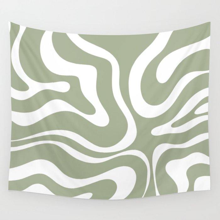 Modern Retro Liquid Swirl Abstract Pattern in Muted Sage Green and White Wall Tapestry