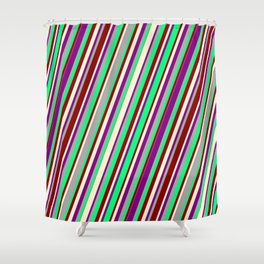 [ Thumbnail: Colorful Dark Gray, Green, Dark Red, Light Yellow, and Purple Colored Lined/Striped Pattern Shower Curtain ]