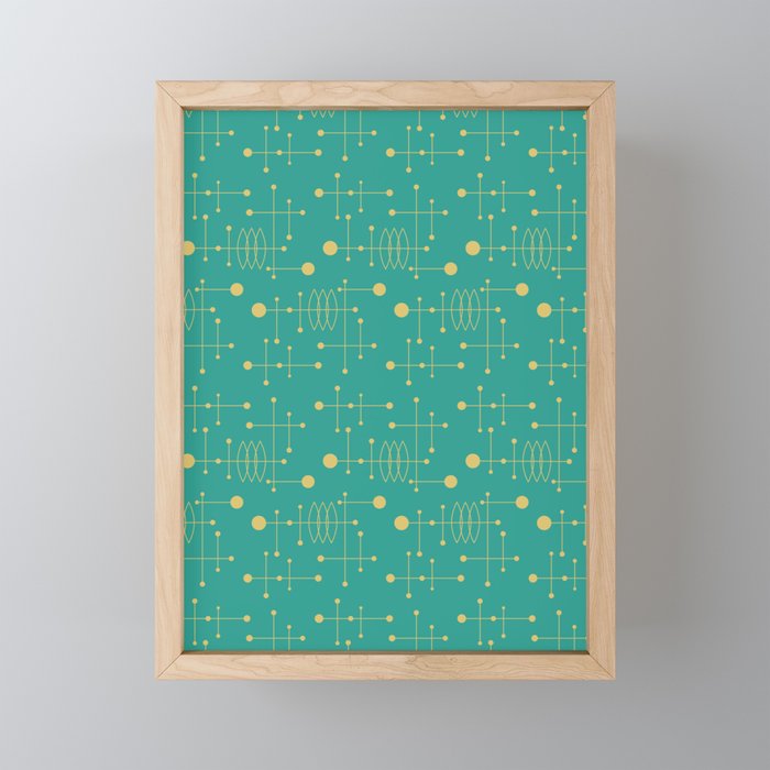 Mid Century Atomic Age Pattern Teal and Yellow Framed Mini Art Print