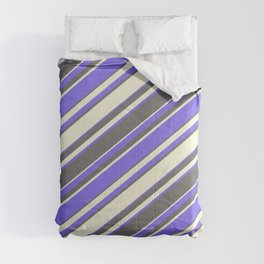 [ Thumbnail: Medium Slate Blue, Dim Gray, and Beige Colored Stripes Pattern Comforter ]