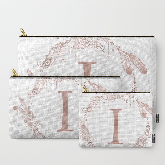 Letter I Rose Gold Pink Initial Monogram Carry-All Pouch
