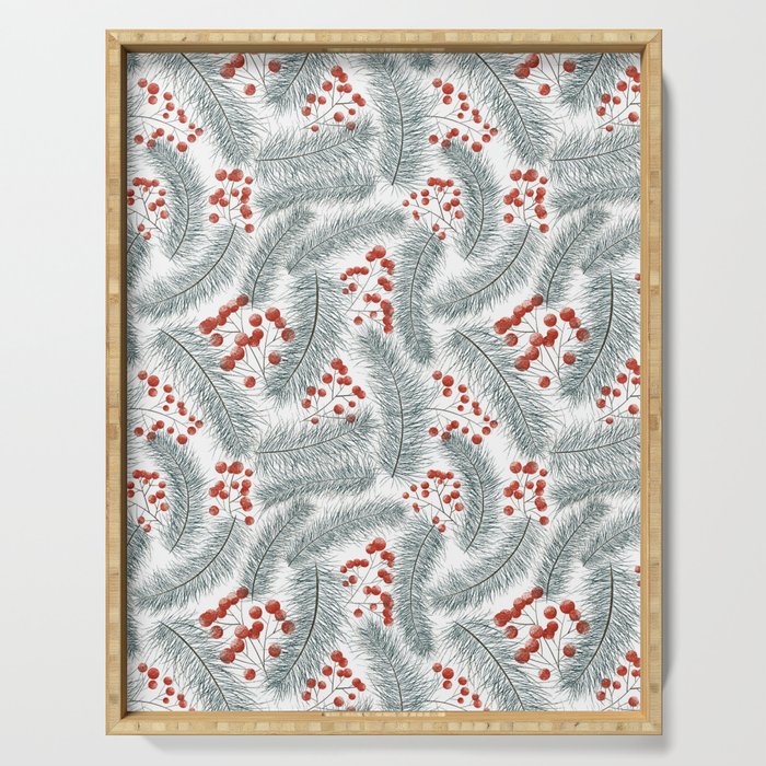 Pine branches and red berries on white Serving Tray