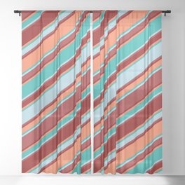 [ Thumbnail: Light Sea Green, Light Blue, Brown, Dark Red & Coral Colored Stripes/Lines Pattern Sheer Curtain ]