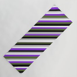 [ Thumbnail: Eye-catching Grey, White, Purple, Dark Olive Green, and Black Colored Lined/Striped Pattern Yoga Mat ]
