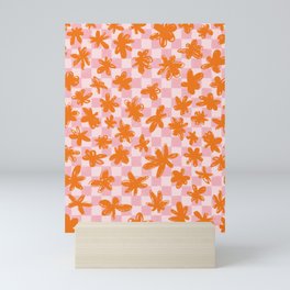 Cute Simple Flowers on Hand-Drawn Checkerboard \\ Pink & Orange Mini Art Print