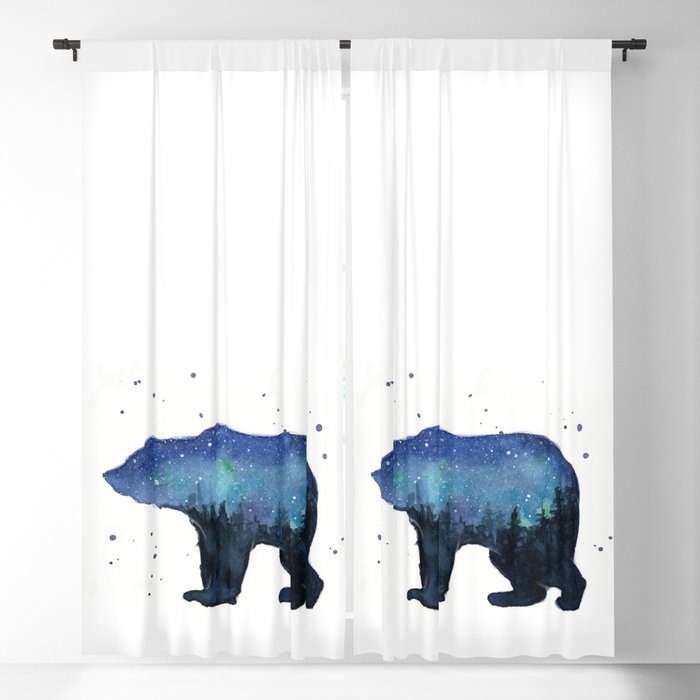 Forest Bear Silhouette Watercolor Galaxy Blackout Curtain