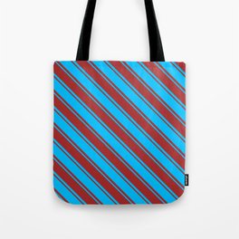 [ Thumbnail: Deep Sky Blue & Brown Colored Striped Pattern Tote Bag ]