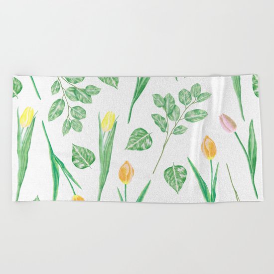 Tulips Floral Pattern Beach Towel