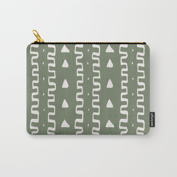 Merit Mud Cloth Olive Green and White Triangle Pattern Carry-All Pouch