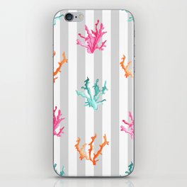 Colorful Coral Reef on Silver Grey Stripes iPhone Skin