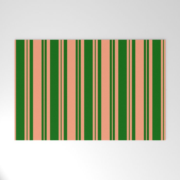 Dark Green and Light Salmon Colored Lines Pattern Welcome Mat
