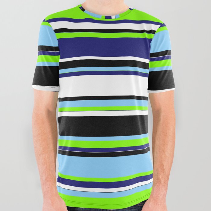 Colorful Light Sky Blue, Chartreuse, Midnight Blue, White & Black Colored Striped/Lined Pattern All Over Graphic Tee