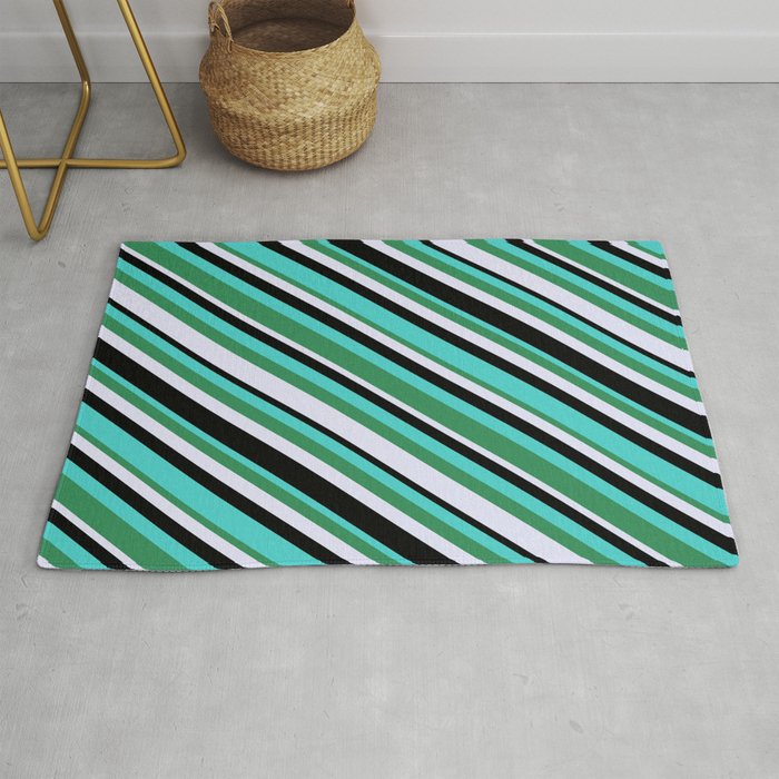 Turquoise, Sea Green, Lavender & Black Colored Stripes Pattern Rug
