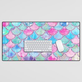 Colorful Pink and Blue Watercolor Trendy Glitter Mermaid Scales  Desk Mat