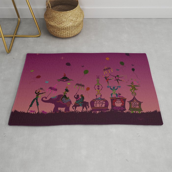colorful circus carnival traveling in one row at night Rug