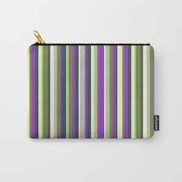 [ Thumbnail: Colorful Light Yellow, Dark Slate Gray, Dark Orchid, Green, and Grey Colored Striped Pattern Carry-All Pouch ]