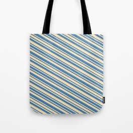 [ Thumbnail: Blue and Beige Colored Stripes/Lines Pattern Tote Bag ]