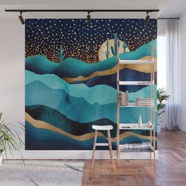 Indigo Desert Night Wall Mural | Moon, Succulent, Graphicdesign, Navy, Watercolor, Curated, Landscape, Blue, Gold, Dream 