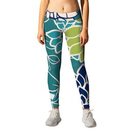 Floral Blooms and Leaves, Blue, Teal and Green Leggings
